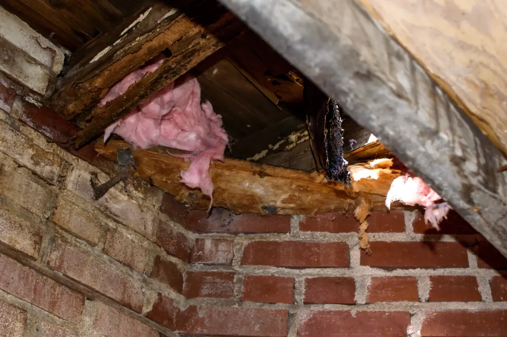 a brick wall next to a damaged rotten wood ceiling with pieces of pink insulation falling down